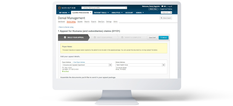 computer with waystar denials in healthcare management portal onscreen